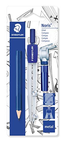 STAEDTLER 550 60 BK Schulzirkel mit Universaladapter, Minendose und zusätzlichen kleinen Bleistift auf Blisterkarte, blau/silber