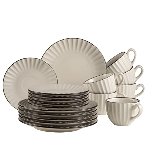 MÄSER 931967 Serie Osita Retro Tafelservice für 6 Personen mit Wellenform, 18-teiliges rundes Geschirrset mit Speiseteller, Dessertteller und Müslischale, Essgeschirr Set, Steinzeug, Cremeweiß im Sale