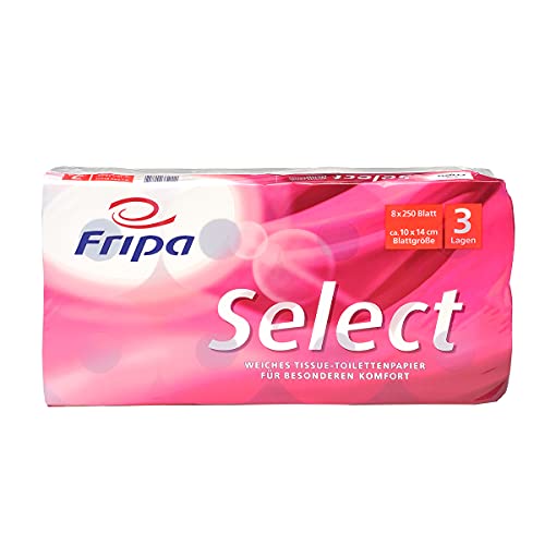 fripa Toilettenpapier 3-lagig, WC Papier Select: 8 x 250 Blatt, 100% Zellstoff, 8 Stück, hochweiß