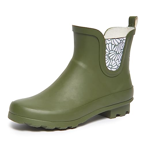 Laura Ashley Ladies Mid Cut Ankle Height Rubber Rain Boots, Army Green Blossom, 9 im Sale