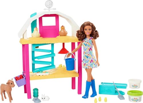 Barbie You Can Be Anything Series, Hatch and Gather Egg Farm, 1x Puppe mit braunen Haaren, Ziege, Kaninchen, Hühner, Knetmasse für Eier, Accessoires, als Geschenk geeignet,HGY88 im Sale