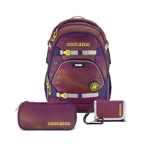 coocazoo Schulrucksack-Set „Soniclights Purple“ 3-teilig, lila, ergonomischer 30L Tornister, mit Brust- und Hüftgurt für Kinder ab der 5. Klasse, inkl. Federmäppchen und Geldbeutel im Sale