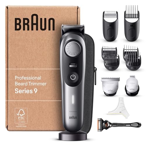 Braun Barttrimmer, Bartschneider/Trimmer/Haarschneider Herren, Haarschneidemaschine Profi, 40 Einstellungen, Ladestation, Reiseetui, Bartschablone, 180 Min. kabellose Laufzeit, BT9440