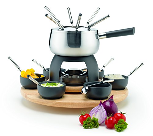 Mäser 931229 Fondue-Set 23-teilig, Edelstahl Fonduetopf inklusive Spritzschutz, Rechaud, Drehkarussell aus Holz, Fonduegabeln, Schälchen, Grau/Schwarz im Sale