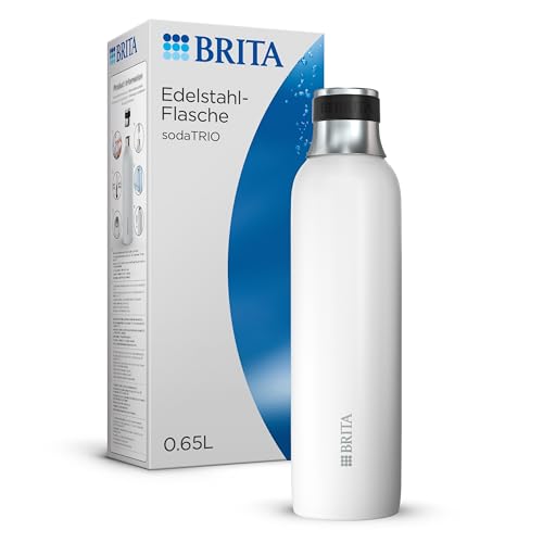 BRITA Edelstahlflasche weiß für sodaTRIO Wassersprudler (0,65l) – isolierte & doppelwandige Premium Edelstahl Flasche mit stylischem Silikonring am Verschluss für rutschfestes Handling