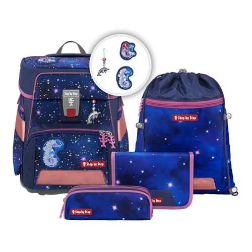 Step by Step Schulranzen-Set SPACE REFLECT „Star Seahorse Zoe“ 5-teilig, ergonomischer Tornister, Reflektoren, höhenverstellbar, Hüftgurt, Grundschule, 1. Klasse, 20L, lila-schwarz im Sale