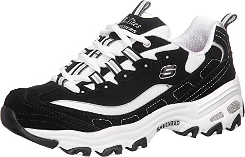 Skechers Damen D'lites Biggest Fan Sneaker, Black Trubuck White Mesh Silver Trim, 39 EU im Sale