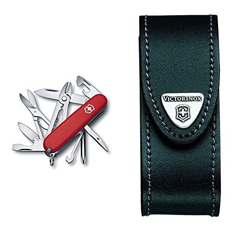 Victorinox Taschenmesser Deluxe Tinker (17 Funktionen, Phillips-Schraubendreher, Kombizange, Schere) rot & Leder-Etui (für Taschenmesser, Gürtelschlaufe, Klettverschluss, schwarz, 3cm x 10cm) schwarz im Sale