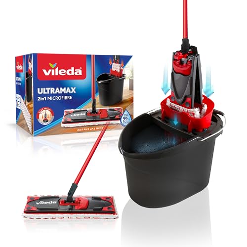 Vileda Ultramax 2in1 Bodenwischer Komplett Set, Wischmopp mit Stiel, Mikrofaserbezug und Eimer mit Powerpresse, für alle Hartböden, Eco-Verpackung im Sale