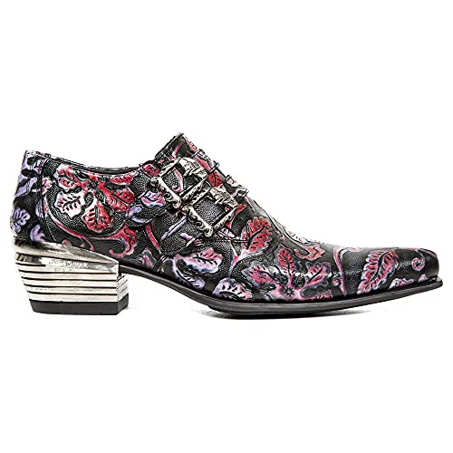 New Rock 7960-S6 Schuhe Schwarz Rot Blumen Muster Vintage Echtleder Schnalle im Sale