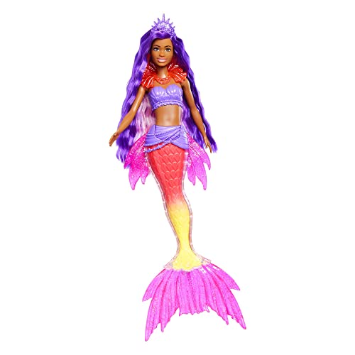 Barbie Mermaid Power, Meerjungfrau Barbiepuppe, Schwarze Barbiepuppe mit rosa und lila Haaren, Meerjungfrauenschwanz mit austauschbaren Flossen, Zubehör, Geschenk für Kinder ab 3 Jahre,HHG53 im Sale