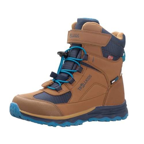 Trollkids wasserdichte robuste Kinder Winter-Stiefel mit kuscheligem Fleecefutter HAFJELL, Mandel/Mystisches Blau, im Sale