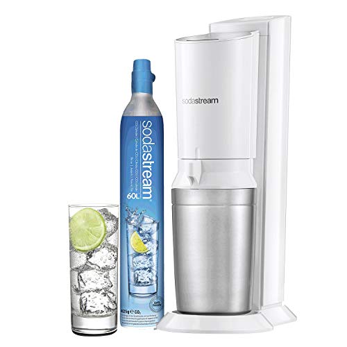 SodaStream Wassersprudler-Set Crystal - mit dem Glaskareffen Sprudler macht ohne schleppen aus Leitungswasser prickelndes Sprudelwasser (1x CO2-Zylinder 60L und 1x 0,6L Glaskaraffe), Premium-weiß