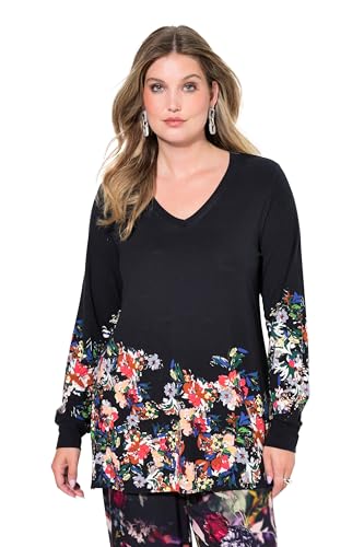 MIAMODA Damen große Größen Übergrößen Plus Size T-Shirt, Classic Fit, Blüten-Motiv, Langarm schwarz 52 835069100-52 im Sale