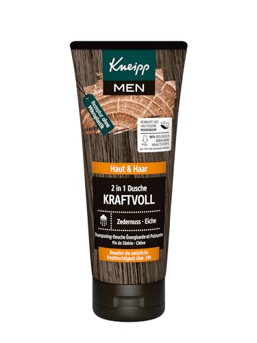 Kneipp MEN 2 in 1 Dusche Kraftvoll, belebendes Duschgel für Haut und Haar, harmonischer Duft mit warmen und holzigen Noten, Zedernholzöl und Eichenextrakt, 200ml