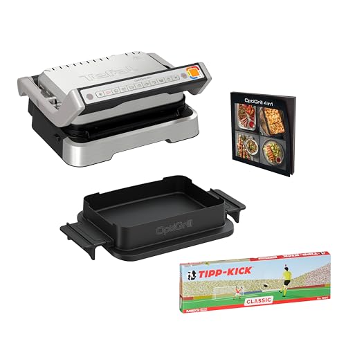 Tefal OptiGrill 4-in-1 Tipp-Kick Edition Kontaktgrill, Grillen/BBQ/Ofen/komplette Mahlzeit, 9 Automatik-Programme, inklusive Backschale und Tipp-Kick Spiel, Silber, GC774D.TK im Sale