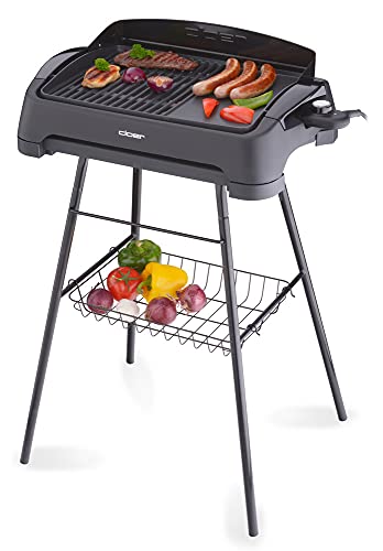 Cloer 6750 Barbecue-Grill, Standgrill mit abnehmbarem Fuß, Spritzschutz, Ablagekorb, Antihaftbeschichtet, 2000 Watt, Grillfläche: 43 cm x 30,5 cm, schwarz