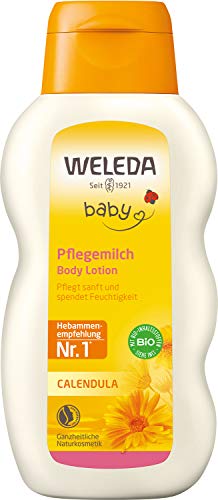 WELEDA Bio Baby Calendula Pflegemilch - Naturkosmetik Bodylotion mit Mandelöl & Bienenwachs zur Pflege & Reinigung von trockener Baby Haut. Milde Hautpflege Lotion für Babys und Kinder (1x 200ml) im Sale