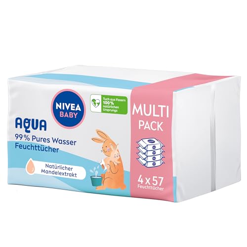 NIVEA Baby AQUA Feuchttücher, Baby Feuchttücher zur sanften Reinigung empfindlicher Haut, hypoallergene und parfümfreie Feuchttücher für Babys mit 99% Wasser (4 x 57 Stück) im Sale