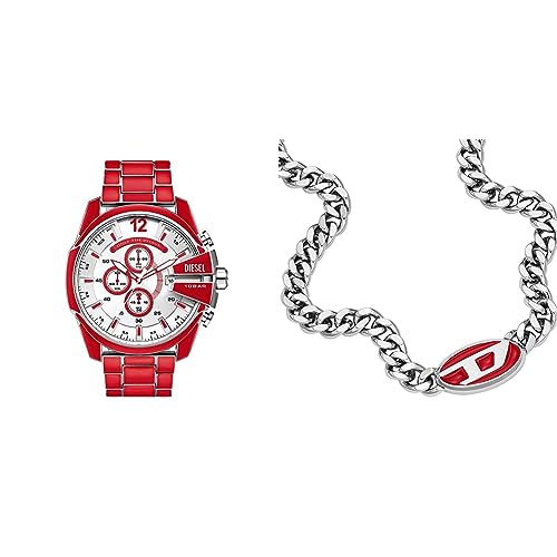 Diesel Herrenuhr Mega Chief und Kette Halskette - Chronographen-Uhrwerk, rot emailliert Edelstahl im Sale