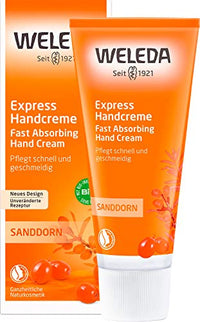 Thumbnail for WELEDA Bio Express Handcreme Sanddorn - Naturkosmetik Handpflege Creme für trockene Hände. Nachhaltige Feuchtigkeitscreme für Frauen & Männer mit Grapefruit, Mandarine & Sandelholz Duft (1x 50ml)