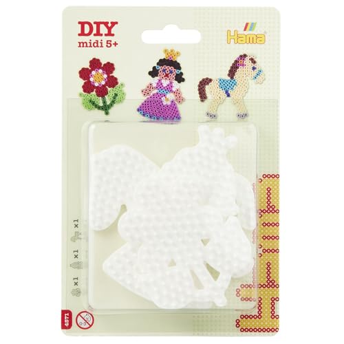 Hama Perlen 4571 Kleine Stiftplatten 3er Set für Midi Bügelperlen mit Durchmesser 5 mm, Motive Pony, Blume und Prinzessin in weiß, kreativer Bastelspaß für Groß und Klein im Sale