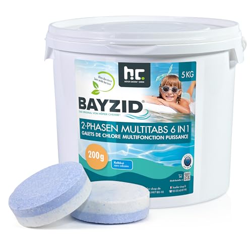 Bayzid Chlor Multitabs 6 in 1-200g Chlortabletten im 5kg Eimer - 2 Phasen Wirkung zur Schockchlorung & Langzeitpflege - Desinfektion, Algenverhütung, Trübungsentfernung, Kalkvermeidung, pH-Wert