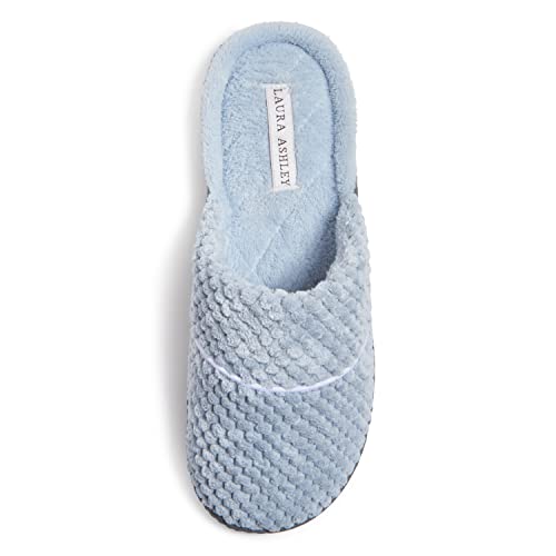 Laura Ashley Womens Rugged Memory Foam Terry Cloth Spa Slippers, Soft Non Slip Rubber Bottom Closed Toe House Slider, Resort Blue, Large im Sale