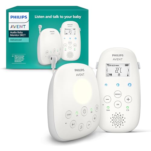 ‎Philips Avent Audio Babyphone DECT-Technologie, Eco-Mode, Gegensprechfunktion, Schlaf- und Nachtlieder, Temperatursensor, maximale Reichweite, weiß (Modell SCD713/26) im Sale