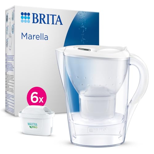 BRITA Wasserfilter Kanne Marella weiß (2,4l) inkl. 6x MAXTRA PRO All-in-1 Kartusche (Halbjahrespaket) – Wasserfilter zur Reduzierung von Kalk, Chlor, Kupfer & geschmacksstörenden Stoffen im Wasser