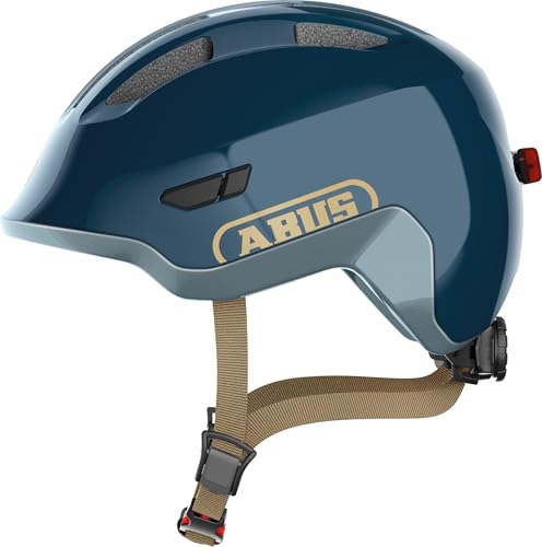 ABUS Kinderhelm Smiley 3.0 ACE LED - Fahrradhelm mit Licht - tiefe Passform & Platz für einen Zopf - für Mädchen und Jungs - Blau Glänzend, Größe M im Sale