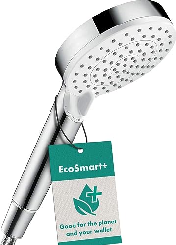 hansgrohe Crometta - wassersparender Duschkopf 6 l/min (EcoSmart), Handbrause mit 2 Strahlarten, runde Duschbrause (100 mm), Sparduschkopf mit Antikalk-Funktion, Weiß/Chrom, 26336400 im Sale