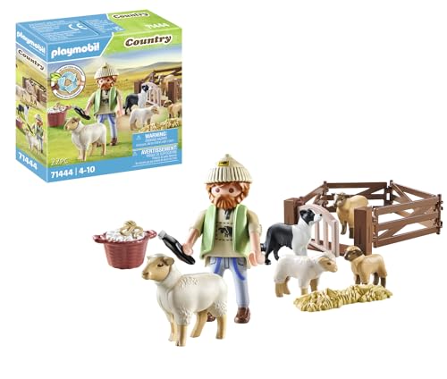 PLAYMOBIL Country 71444 Junger Schäfer mit Schafen, Hüten und Pflegen der Schafe mithilfe des Bordercollies, mit Zubehör wie Haartrimmer und Strohballen, nachhaltiges Spielzeug für Kinder ab 4 Jahren im Sale