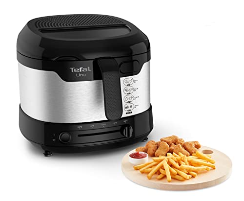 Tefal Uno Fritteuse FF215D | 1470 Watt | Kapazität: 1 kg | Einstellbares Thermostat | Sichtfenster | Abtropfposition | Edelstahl/Schwarz, Medium im Sale