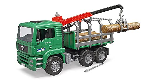 bruder 02769 - Man Holztransport-LKW mit Ladekran & 3 Baumstämmen - 1:16 Holztransporter Lastwagen Laster Truck