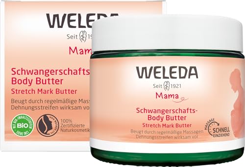 WELEDA Bio Mama Schwangerschaft Body Butter – vegane Naturkosmetik Babybauch Massage Körperbutter zur Dehnungsstreifen Vorbeugung. Hautpflege Körpercreme mit Sheabutter & Kakaobutter (1x 150ml) im Sale