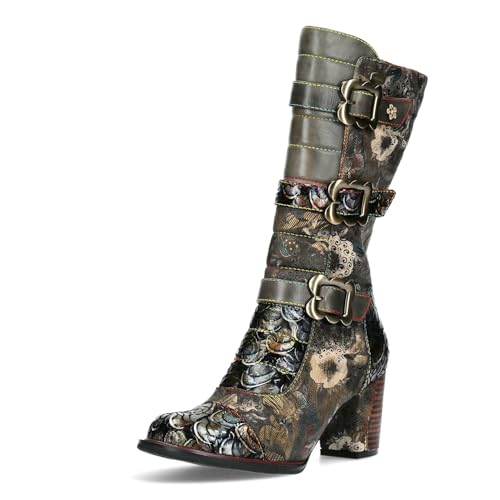 Laura Vita Damen Stiefel Leder Riemen mit Schnalle Florale Muster Annao 01, im Sale