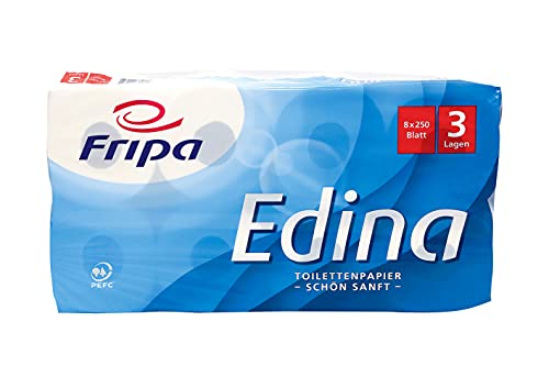 fripa Toilettenpapier 3-lagig, WC Papier Edina: 8 x 250 Blatt, 100% Zellstoff, weiß, 8 Stück