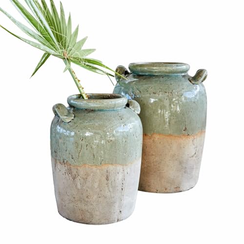 Loberon Vase 2er Set Palikir, Zwei Größen, teils glänzend lasiert, von Hand gefertigt, Antik-Finish & mediterrane Note, Dekoration, Pflanzgefäß, Terrakotta, antikbraun/grün im Sale