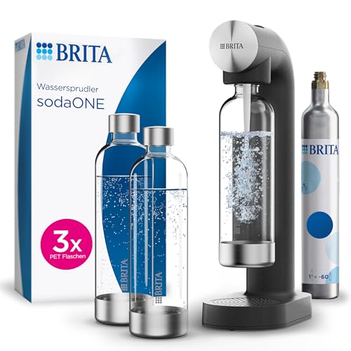 BRITA Wassersprudler sodaONE (schwarz) inkl. CO₂-Zylinder und 3 BPA-freien PET-Flaschen, Macht aus Leitungswasser prickelndes Sprudelwasser (bis zu 60l pro Zylinder) im Sale