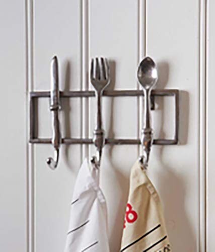 Riviera Maison kuchenhaken, wandhaken, handtuchhaken, aufhänger, garderobehaken - Kitchen Cutlery Hook - 3 Haken mit Löffel, Messer und Gabel - Aluminium, silber - 6,5x31x23cm im Sale