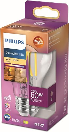 Philips LED Classic E27 Filament Lampe Warm Glow (60 W), dimmbare LED Lampe mit warmweißem Licht, energiesparende Lampe mit langer Nutzlebensdauer im Sale