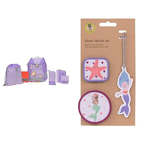 LÄSSIG 7-teiliges Schulranzen Set Kinder/School Set Flexy Unique violet & Anhänger und Patches Set/School Patches Set, Mermaid im Sale