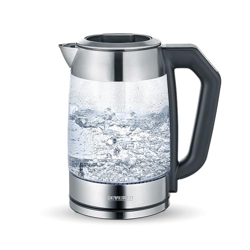 SEVERIN Glas Tee- und Wasserkocher, Teekocher mit einstellbarem Temperaturregler, Glas Wasserkocher mit Quick-Boil-Funktion, 2.200 W, Edelstahl / Schwarz, WK 3477