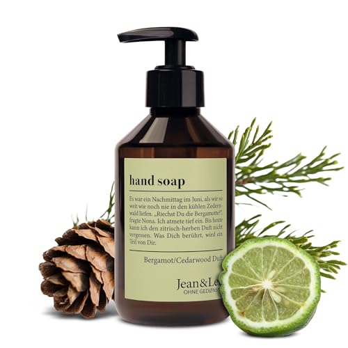 Jean & Len Handseife Bergamot & Cedarwood, reinigt beanspruchte Hände, für die tägliche Anwendung geeignet, Flüssigseife im Pumpspender, erfrischend-zitrischer Duft, vegan, 250 ml im Sale