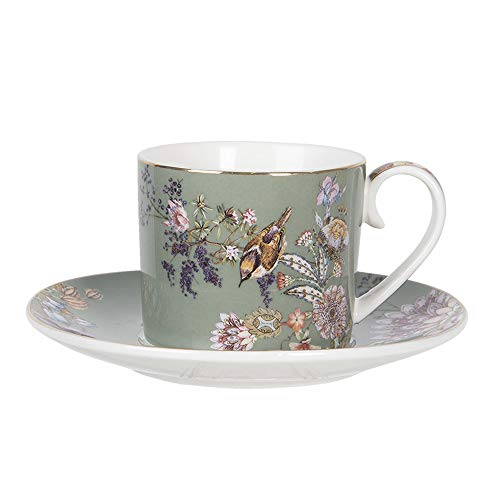 Clayre & Eef Tasse mit Untertasse 220 ml Grün Porzellan Rund Blumen Geschirr