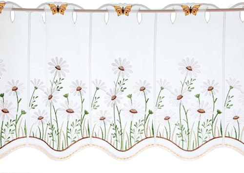 Plauener Spitze bestickte Scheibengardine Blumen mit Schmetterling 35 cm hoch (35x80 cm)