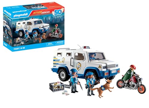 PLAYMOBIL Action Heroes 71597 Geldtransporter, spannende Ganovenjagd, inklusive DREI Polizisten, einem Ganoven auf einem Motorrad und einem Polizeihund, actionreiches Spielzeug für Kinder ab 4 Jahren im Sale