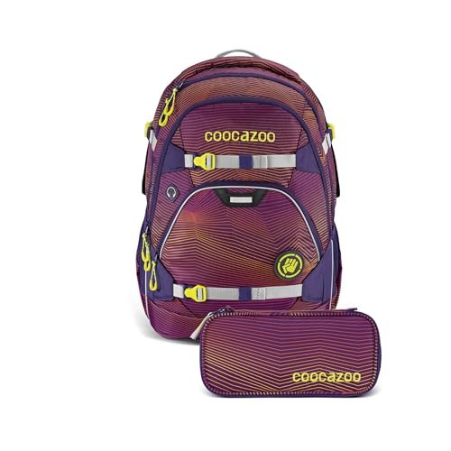 coocazoo Schulrucksack-Set „Soniclights Purple“ 2-teilig, lila, ergonomischer 30L Tornister, höhenverstellbar mit Brust- und Hüftgurt für Kinder ab der 5. Klasse, inkl. Federmäppchen im Sale