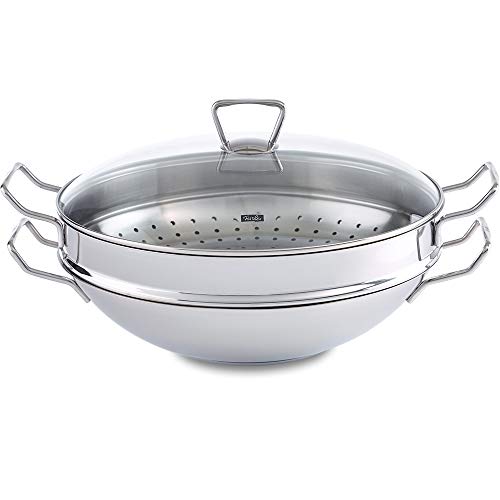 Fissler Nanjing / Edelstahl-Wok (Ø cm) große Wok-Pfanne unbeschichtet,Asiapfanne mit Glas-Deckel, inkl. Dämpfeinsatz, alle Herdarten - auch Induktion im Sale